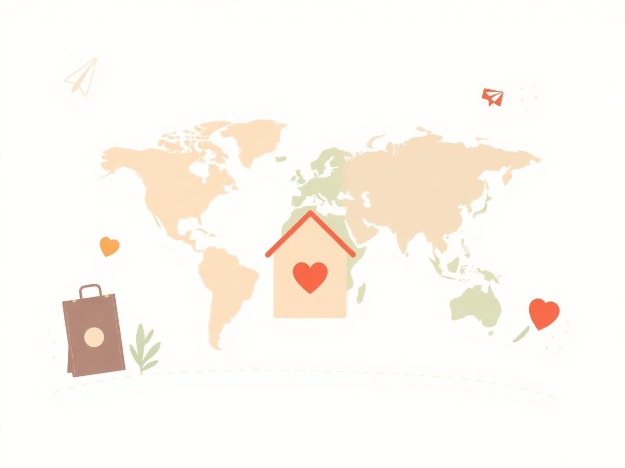 Illustration of a small house on a world map representing relocation